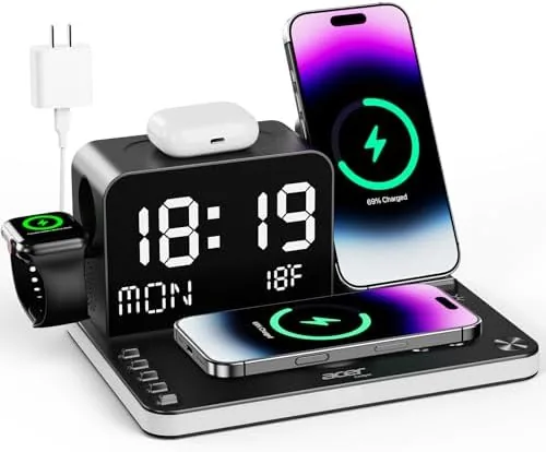 The Acer Gadget 7-in-1 wireless charging station on a desk with an iPhone mounted on the phone pad