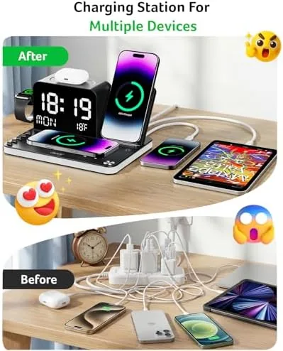 An iPhone mounted on the phone pad while an Apple Watch charges on the extended arm