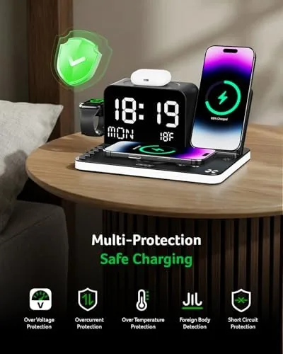 The charging station beside a folding travel stand and a single wireless pad for comparison