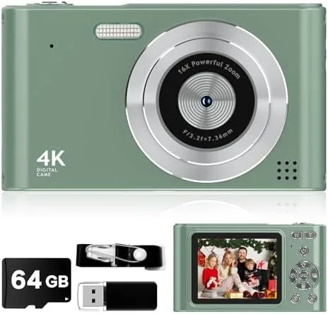 The green compact vlog camera held in a child's hands with the screen showing the live view