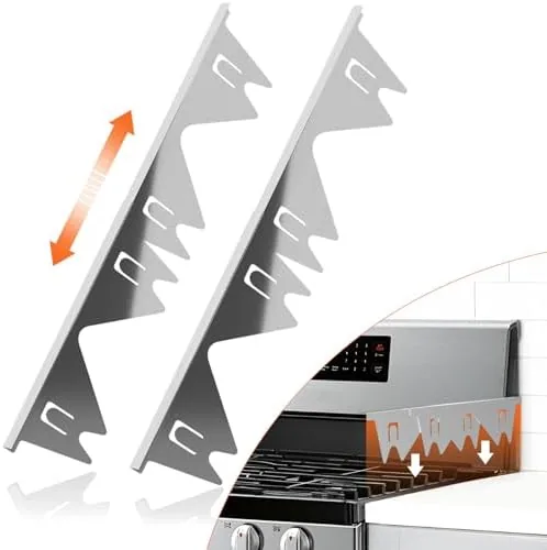 Pair of stainless steel stove gap covers installed between a range and a counter