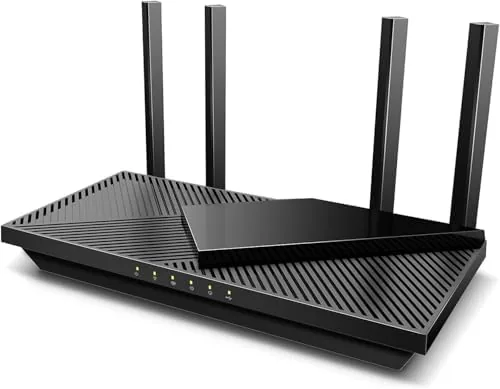 Archer AX55 WiFi 6 router with four antennas upright on a desk