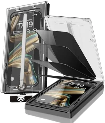 The EZ-GLAZ privacy screen protector box with four protectors and the alignment tray laid out