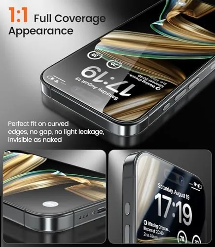 Three protectors side by side: the privacy glass, a clear glass, and a matte film