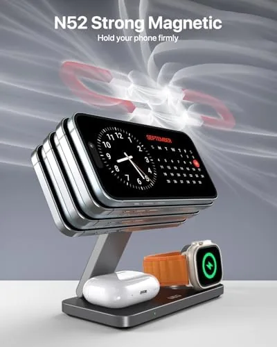 The foldable station next to a fixed tower charger and a set of flat charging pads