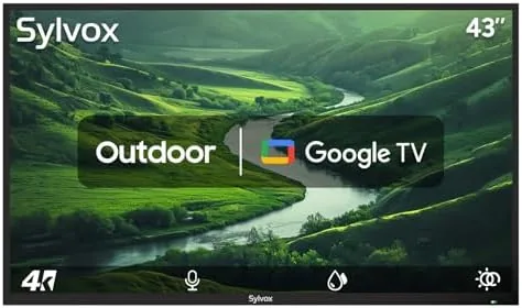 SYLVOX 43 inch outdoor TV mounted on a covered patio wall