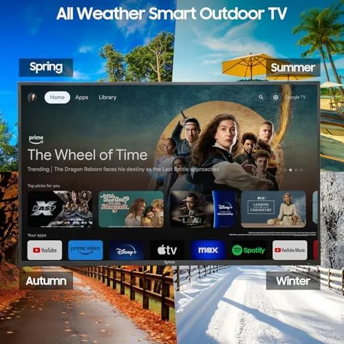 Outdoor TV showing a sports match in daylight on a sunny patio
