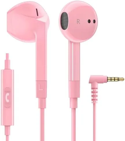 Pink LUDOS FEROX wired earbuds coiled on a desk