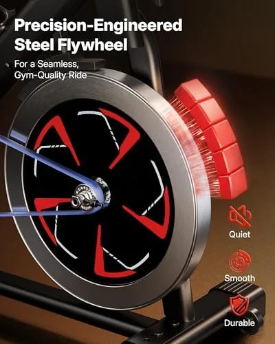 Close up of the steel frame and flywheel on the Merach bike