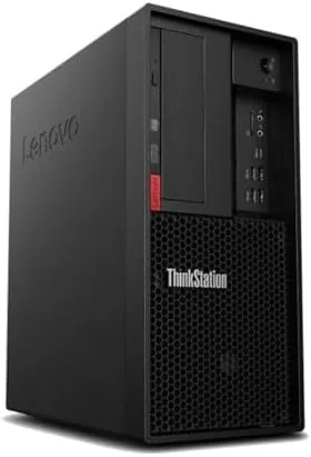 The Lenovo ThinkStation P330 tower standing on a desk beside a monitor