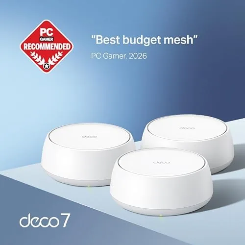 The TP-Link Deco BE25 mesh units standing on a shelf