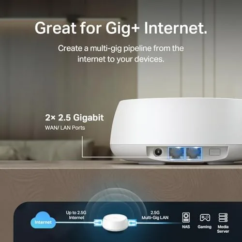 The TP-Link Deco BE25 in use in a living room holding several devices