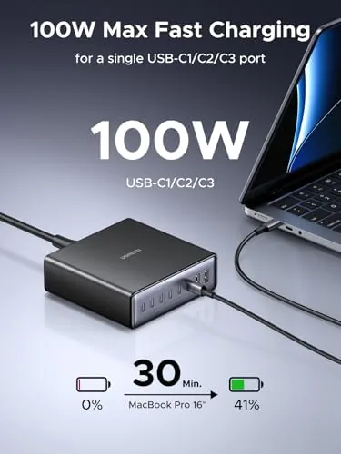 Detail shot of the UGREEN Nexode 200W GaN USB C Charging Station, 8-Port Desktop features