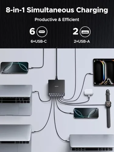 The UGREEN Nexode 200W GaN USB C Charging Station, 8-Port Desktop in real use