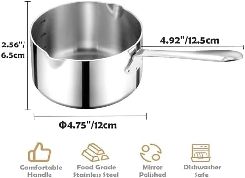 Close up of the brushed stainless steel finish and the long handle of the milk pot