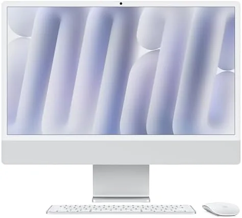 Silver 2024 iMac on a clean white desk with the Magic accessories