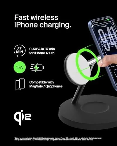 Detail shot of the Belkin Qi2 15W Wireless Charging Station, 3 in 1 iPhone features