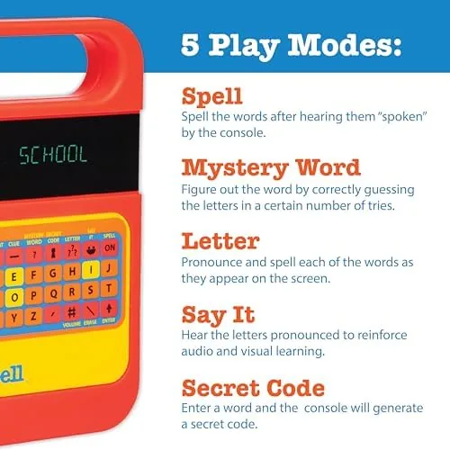 The Speak & Spell next to a tablet showing a spelling app and a workbook