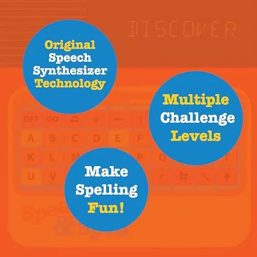 A child spelling a word successfully and smiling at the Speak & Spell