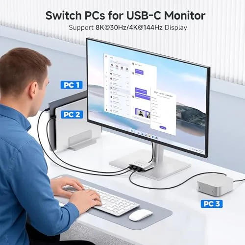 Detail shot of the Cable Matters 20Gbps USB C KVM Switch, 3-in-1-Out, 140W PD features