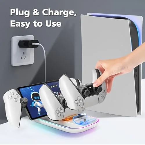 Charger station on a shelf with RGB lighting glowing around the base