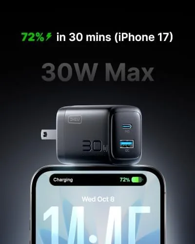 Detail shot of the INIU 30W GaN Fast Charging USB C Charger, Block with features