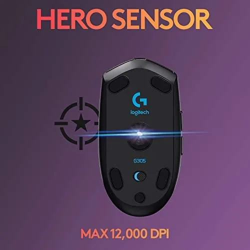 Top view of the G305 showing the scroll wheel, DPI button, and main buttons