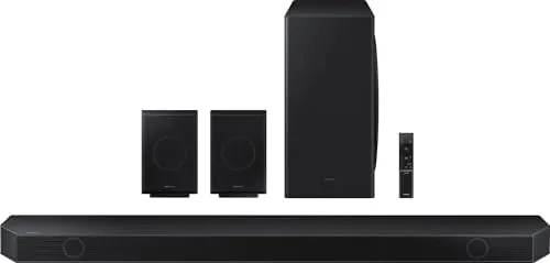 Samsung HW-Q930C soundbar with rear speakers and subwoofer in a living room