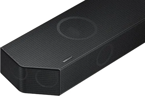 Close up of the soundbar front grille and the up-firing driver on a rear speaker