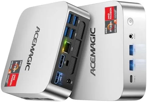 ACEMAGIC mini PC showing its compact size next to a smartphone