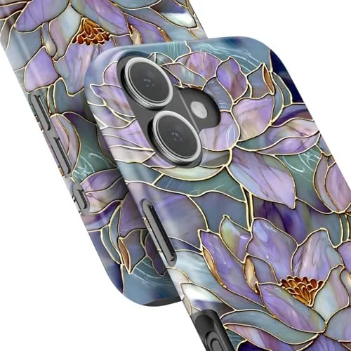 The phone in the wildflower case sitting on a MagSafe charging stand