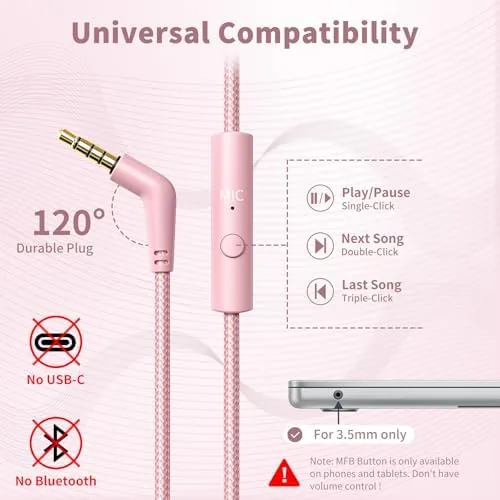 Close look at the Wired Headphones with Microphone for School, 3.5mm Corded Headphones, Pink build quality
