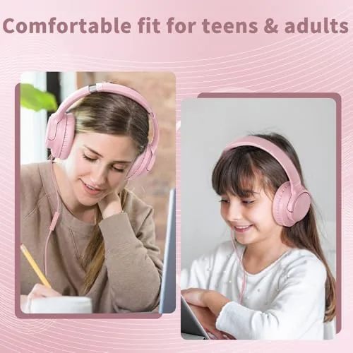 Detail shot of the Wired Headphones with Microphone for School, 3.5mm Corded Headphones, Pink features