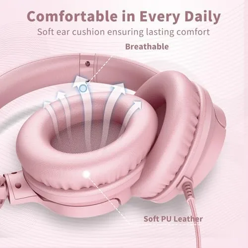 Another view of the Wired Headphones with Microphone for School, 3.5mm Corded Headphones, Pink