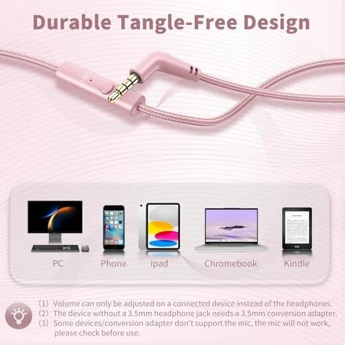 The Wired Headphones with Microphone for School, 3.5mm Corded Headphones, Pink compared in context