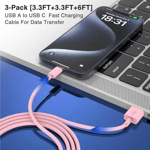 The LOFPYE 3-Pack Pink [3.3FT+3.3FT+6FT] USB A to USB C Cable，USB in real use
