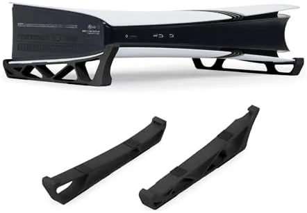 The PS5 Pro lying flat on the Glistco horizontal stand in a media cabinet
