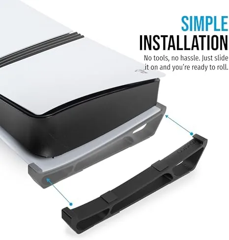 A tidy media cabinet with the PS5 Pro flat on the stand beside a soundbar