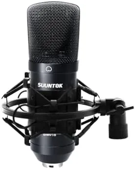 The black XLR condenser microphone mounted in its shock mount on the desk stand