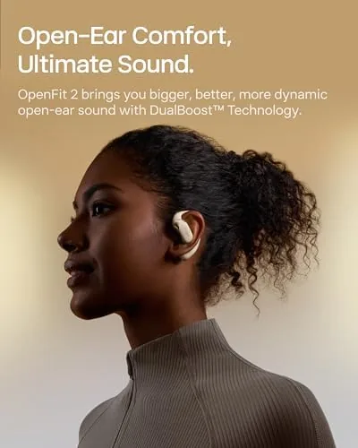 Detail shot of the SHOKZ OpenFit 2 Open-Ear Earhook Bluetooth Earbuds, White,48H Playtime | features