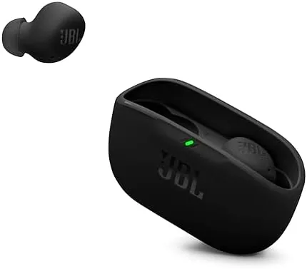 The JBL Vibe Buds 2 earbuds in black sitting with their charging case