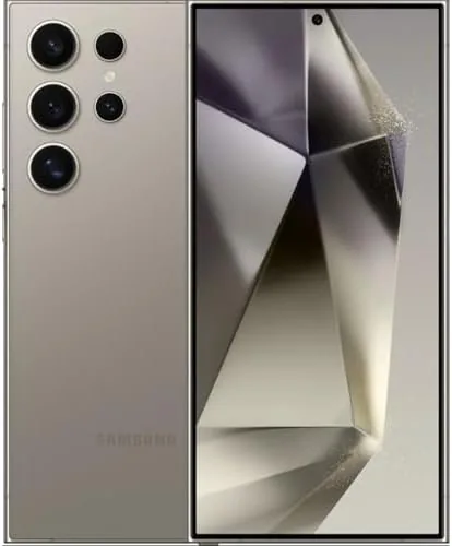 The Samsung Galaxy S24 Ultra in Titanium Gray with the S Pen extended