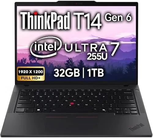 The Lenovo ThinkPad T14 Gen 6 open on a desk showing the keyboard and display