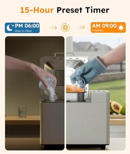 Slices of bread showing a soft even crumb beside the machine