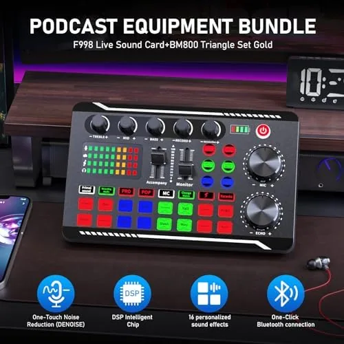 Close look at the Facmogu F998 Podcast Equipment Bundle, Live Sound Card with BM-800 build quality