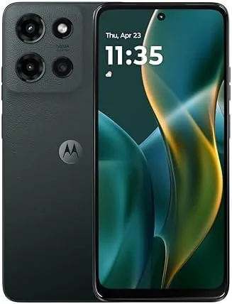 The Moto G 2025 in Forest Gray showing the front display
