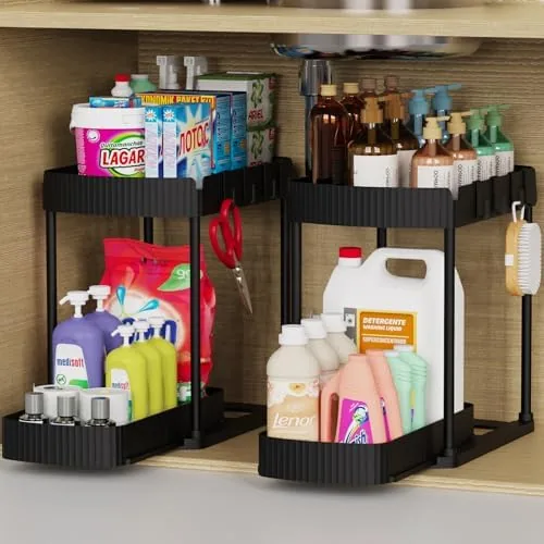 Two black under sink pull-out storage organizers side by side