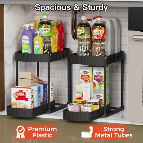 The organizer pulled out of a cabinet showing the full length of the tray
