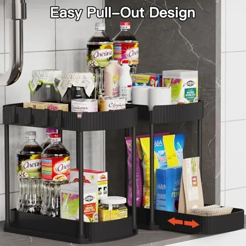 The organizer under a kitchen sink loaded with spray bottles and dish soap