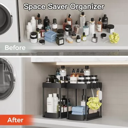 The organizer under a bathroom vanity holding toiletries and tall bottles